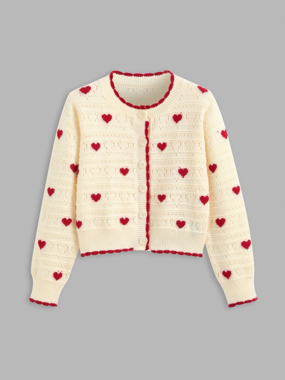 Cider Cream Cardigan with Red Heart Details